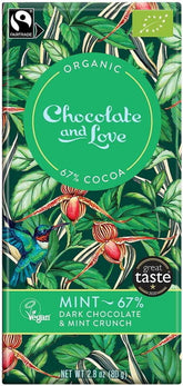 Chocolate suizo negro con crujiente granulado de menta de Comercio Justo BIO 80 g - CHOCOLATE Y AMOR