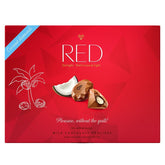 Teljes tejcsokoládéból készült pralinék kókusz töltelékkel, 50%-kal kevesebb kalóriával, 132 g, RED DELIGHT