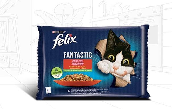 FANTASTIC Rural Aromen Huhn mit Tomaten und Rindfleisch mit Karotten, Beutel für Katze in Gelee (4x85g) - FELIX