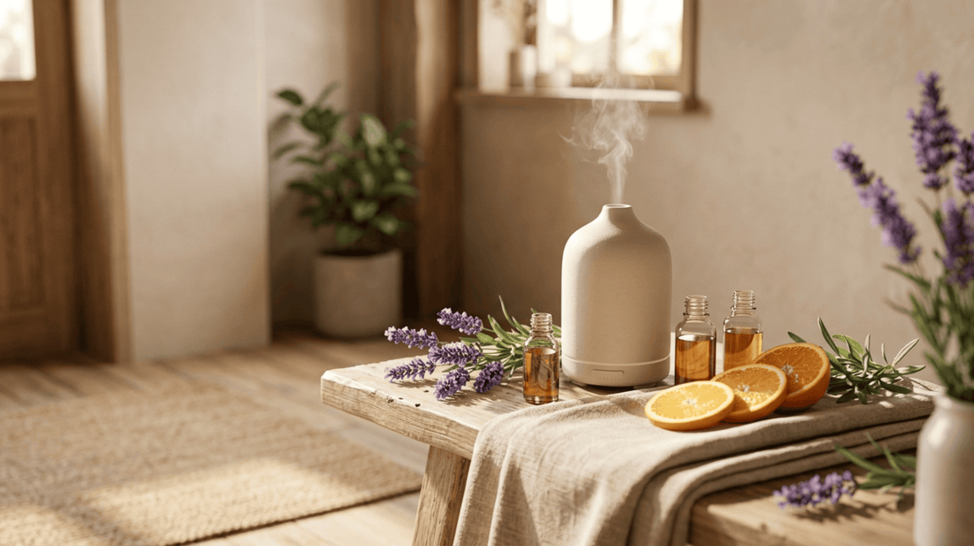 Ätherische Öle mit Lavendel, Orange und Diffuser in einer ruhigen Wellness-Atmosphäre für Aromatherapie und Entspannung.