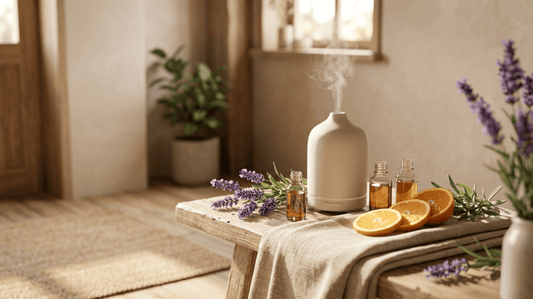 Ätherische Öle mit Lavendel, Orange und Diffuser in einer ruhigen Wellness-Atmosphäre für Aromatherapie und Entspannung.