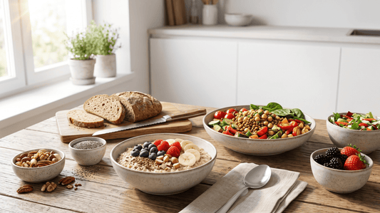 Gesunde Lebensmittel wie Haferflocken, Hülsenfrüchte, Gemüse, Nüsse und Beeren auf einem Tisch für eine ausgewogene Ernährung.