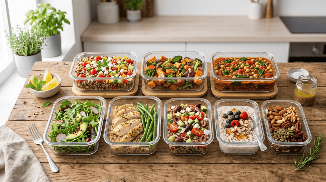 Mehrere vorbereitete Meal-Prep-Boxen mit Quinoa, Hülsenfrüchten, Gemüse und gesunden Zutaten auf einem Holztisch.