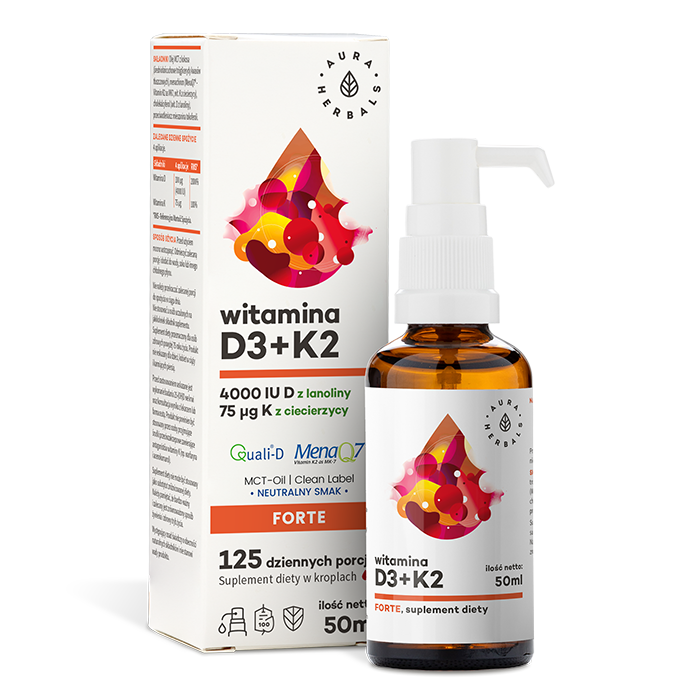 Vitamine D3 4000 ui + K2 FORTE sur huile MCT - gouttes 50 ml AURA HERBALS
