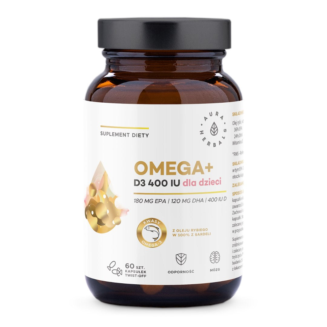 Omega + Vitamin D3 400 IU untuk Kanak-kanak 60 Kapsul Putar AURA HERBALS