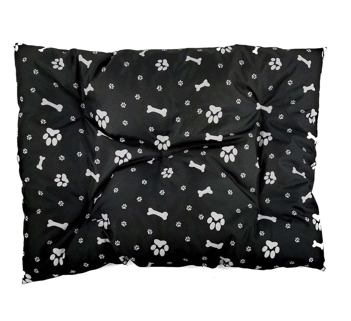 BETT MIT EINEM KISSEN Größe M 57x48 Schwarz mit Knochen und Pfoten - Tannenzapfen