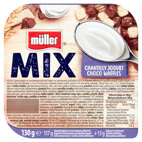 MULLER MIX Joghurt mit Sahnegeschmack und Waffeln in Milch und weißer Schokolade, 130 g