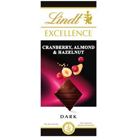 LINDT EXCELLENCE DUNKLE SCHOKOLADE MIT CRANBERRY, MANDELN UND HASELNÜSSEN 100 G 20 STÜCK