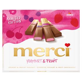 MERCI JOGHURT & FRUCHTSCHOKOLADEN 4 SORTEN GEFÜLLTE SCHOKOLADENRIEGEL MIT JOGHURT- UND FRUCHTFÜLLUNG 250 G 10 STÜCK