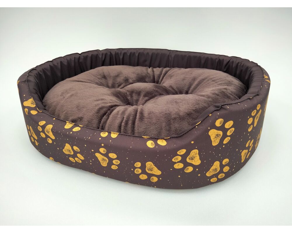 BETT MIT EINEM KISSEN Größe M 57x48 Braun mit weißen Knochen und Pfoten - Tannenzapfen