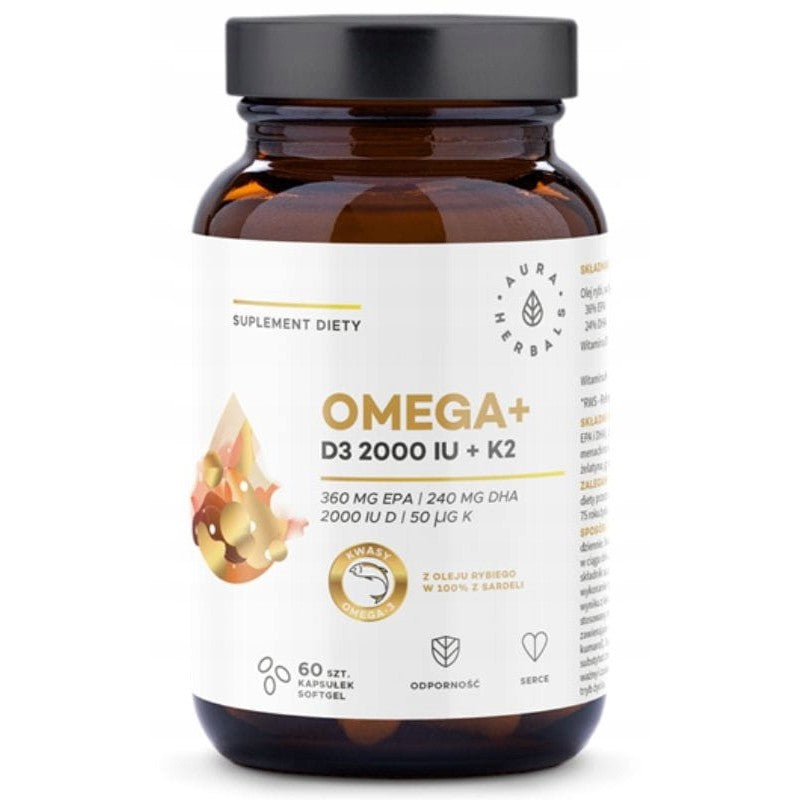 Omega + Vitamin D3 2000 IE + K2 60 AURA HERBALS Kapsul Lembut