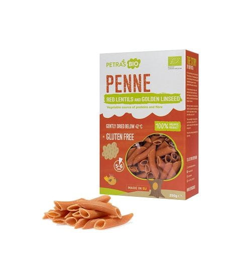 Penne-pasta med røde linser med gylden lin glutenfri rå BIO 250 g PETRAS BIO