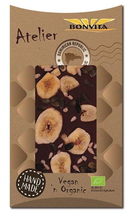 Coklat bebas gluten dengan kepingan pisang, biji labu dan biji bunga matahari BIO 90 g - BONVITA