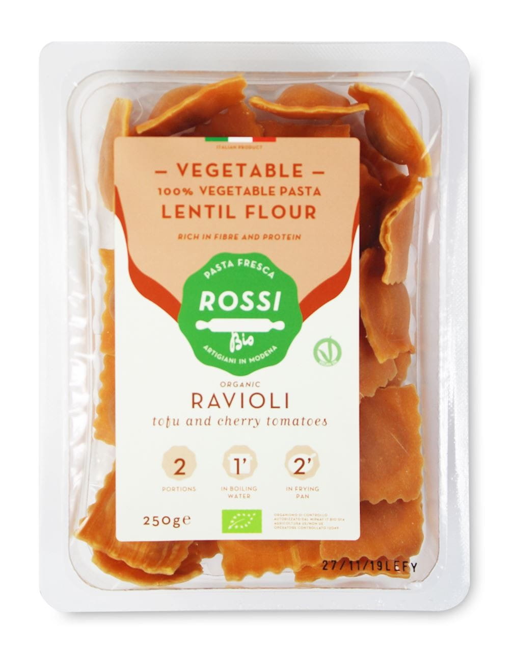 Ravioli s čočkovým tofu a cherry rajčaty BIO 250 g - FRESCA ROSSI PASTA