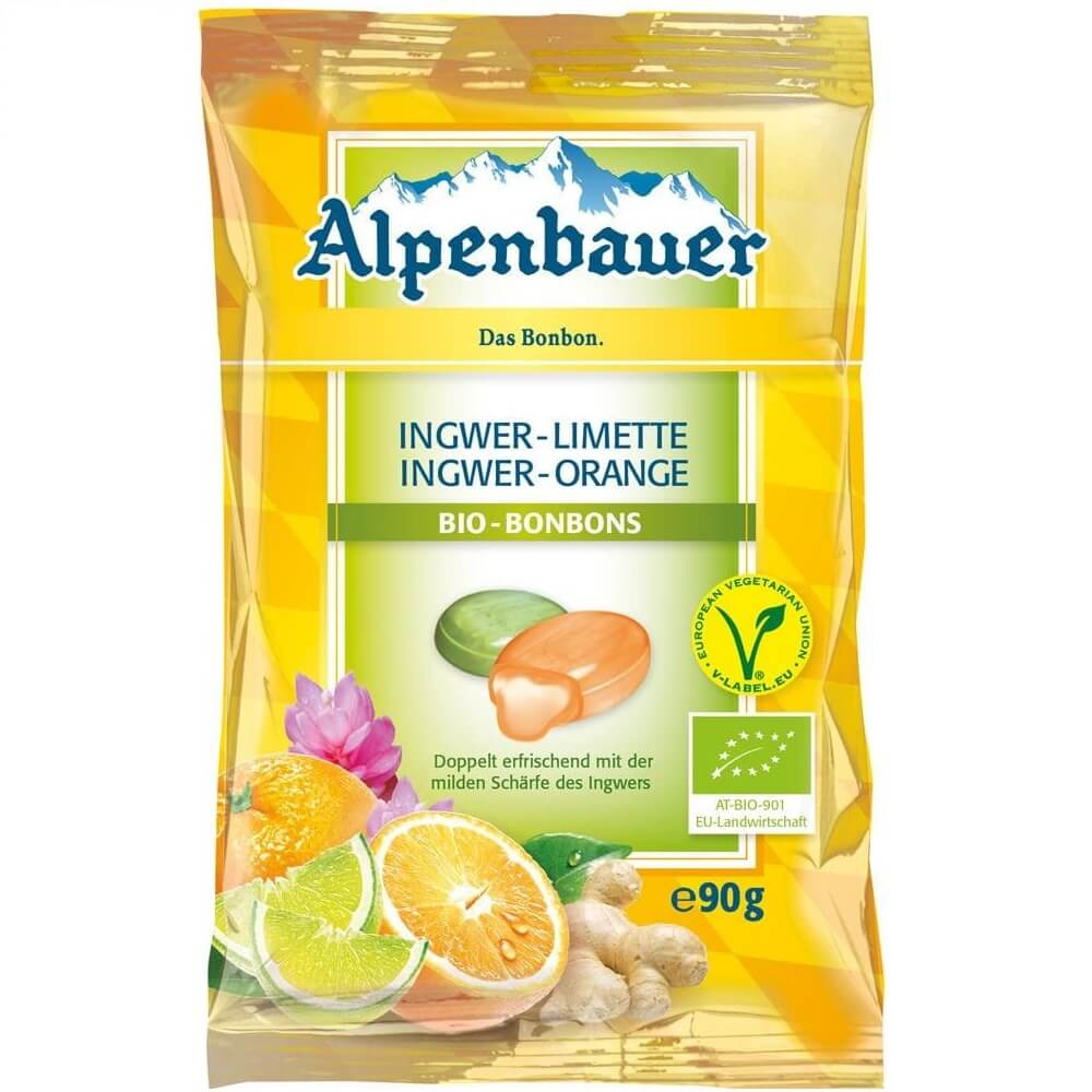 Kẹo chay nhân gừng chanh dây và gừng cam hữu cơ 90g - ALPENBAUER