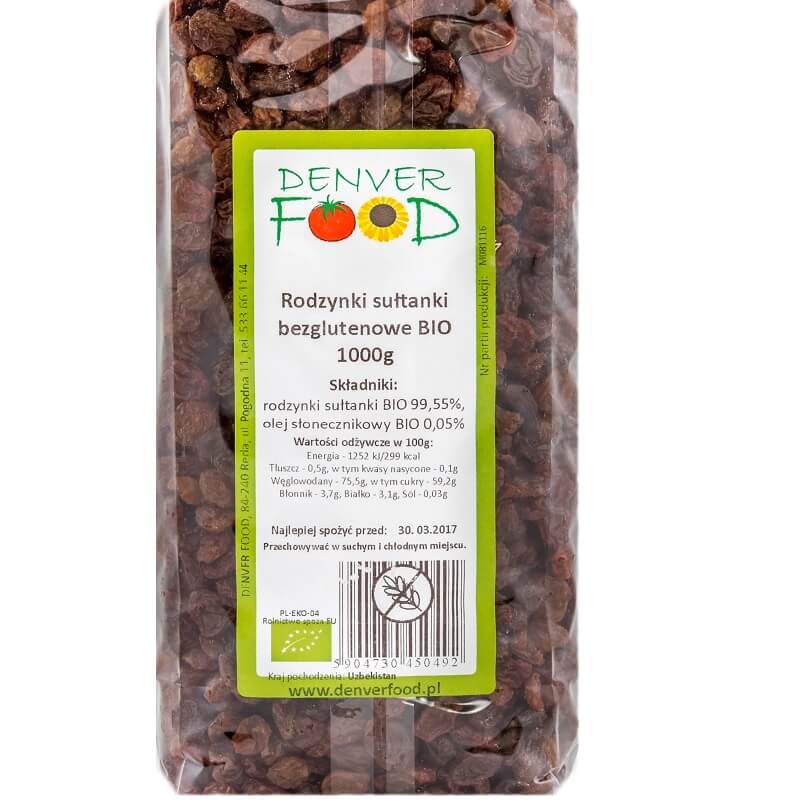 Glutenfrie sultanrosiner økologiske 1000g DENVER FOOD