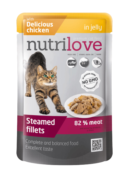 Premium Fleischstücke mit Huhn in Gelee für Katzen 85g [11459] - NUTRILOVE