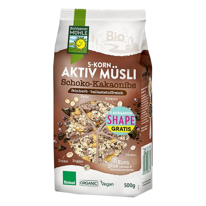 Müsli 5 Cereali con pezzetti di cioccolato e fave di cacao tostate BIO 500 g - BOHLSENER MÜHLE