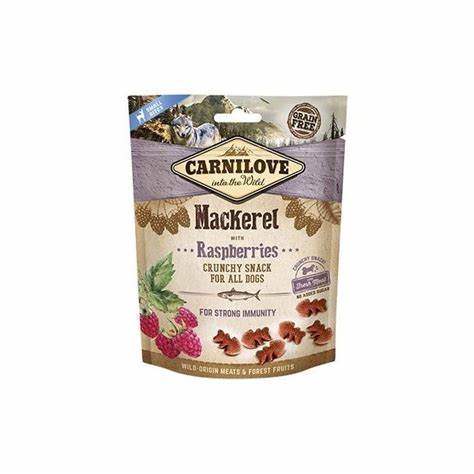 KNUSPRIGER SNACK MAKRELE MIT HIMBEEREN MIT FRISCHEM FLEISCH 200g - CARNILOVE