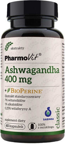 Ginseng - Indischer Ginseng Ashwagandgha 400 mg + Bioperin standardisierter Extrakt 60 Kapseln PHARMOVIT