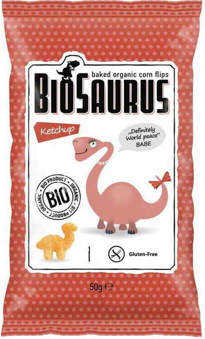 Kukuřičné chipsy Dinosauři s příchutí kečupu bez lepku BIO 50 g BIOSAURUS