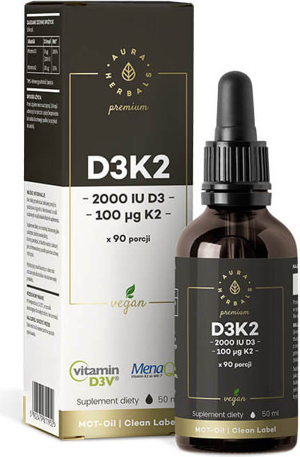 Vitamin D3 D - 3 2000iu + K - 2 K2MK7 100 mcg tekutina 50 ml AURA HERBALS PREMIUM