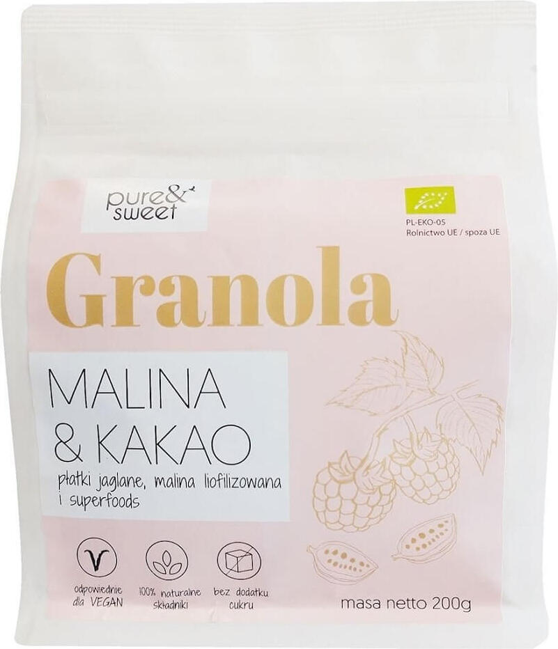 Málna és kakaós granola gluténmentes BIO 200 g - PURE & SWEET