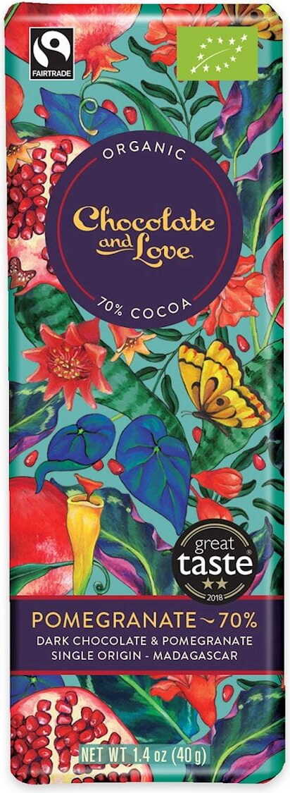 Švýcarská tabulková hořká čokoláda s granátovým jablkem fair trade BIO 40 g - SCHOKOLADE UND LIEBE