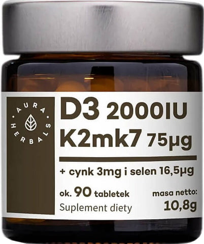 Vitamin D3 D - 3 2000 IE + K2 K - 2 75μg + Zink Zink 3mg + Selen Selen 165μg 90 Tabletten 108g AURA HERBALS