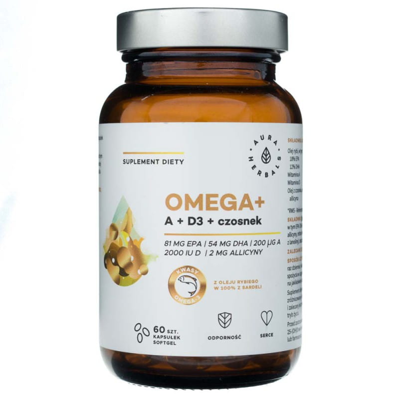 Omega + Vitamin A + Vitamin D3 + Česnek 60 kapslí AURA HERBALS Softgel