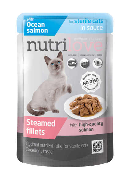 Premium Fleischstücke mit Lachs in Sauce für sterile Katzen 85g [11460] - NUTRILOVE