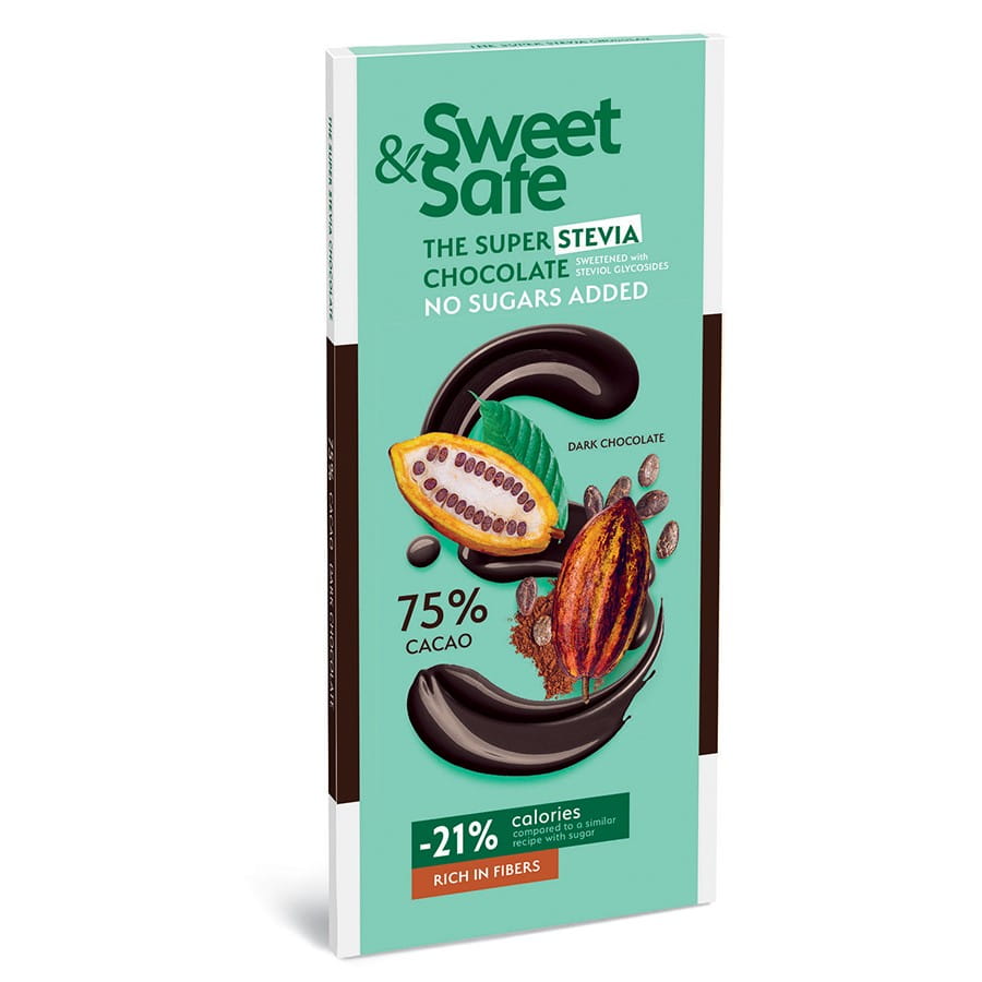 Hořká čokoláda 75% kakaa slazená stévií 90g SWEET & SAFE