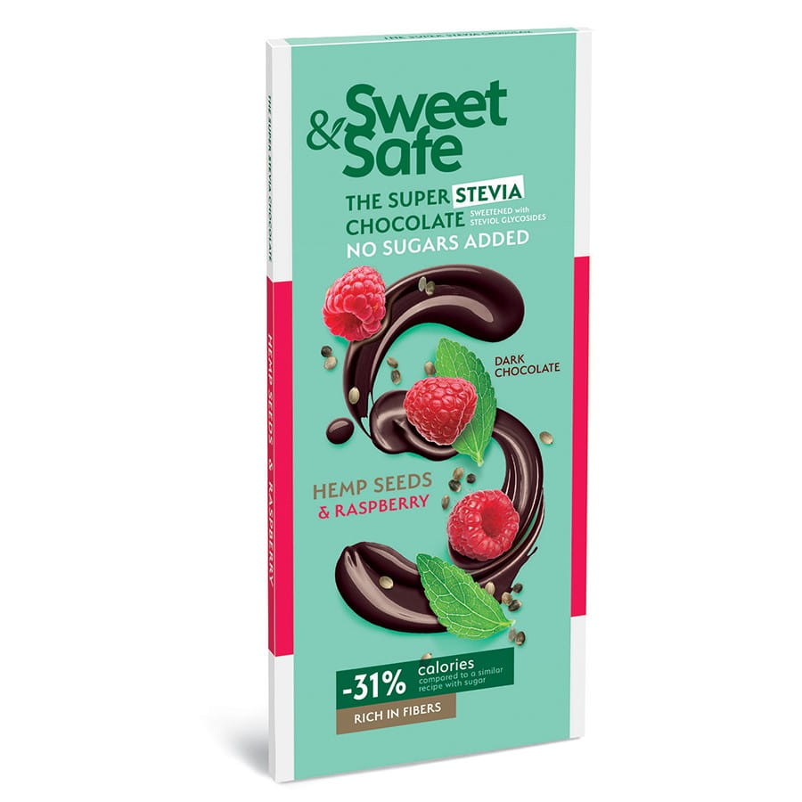 Dezertní čokoláda - malina a konopná semínka slazená stévií 90g SWEET & SAFE