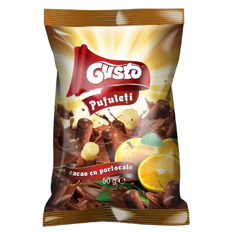 Corn chips in chocolate, orange flavor 50g GUSTO PUFULETI