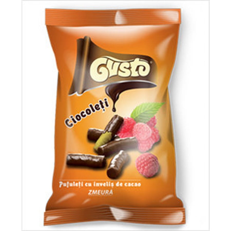 Maïschips in chocolade, frambozensmaak 50g GUSTO PUFULETI