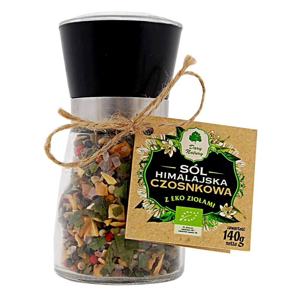 Himalaya zout in een molen met kruiden knoflook BIO 140 g - GESCHENKEN VAN DE NATUUR