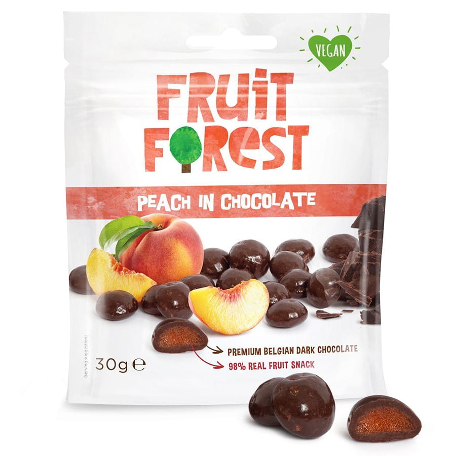 Ovocné bonbóny s broskví v čokoládě 30g FRUIT FOREST