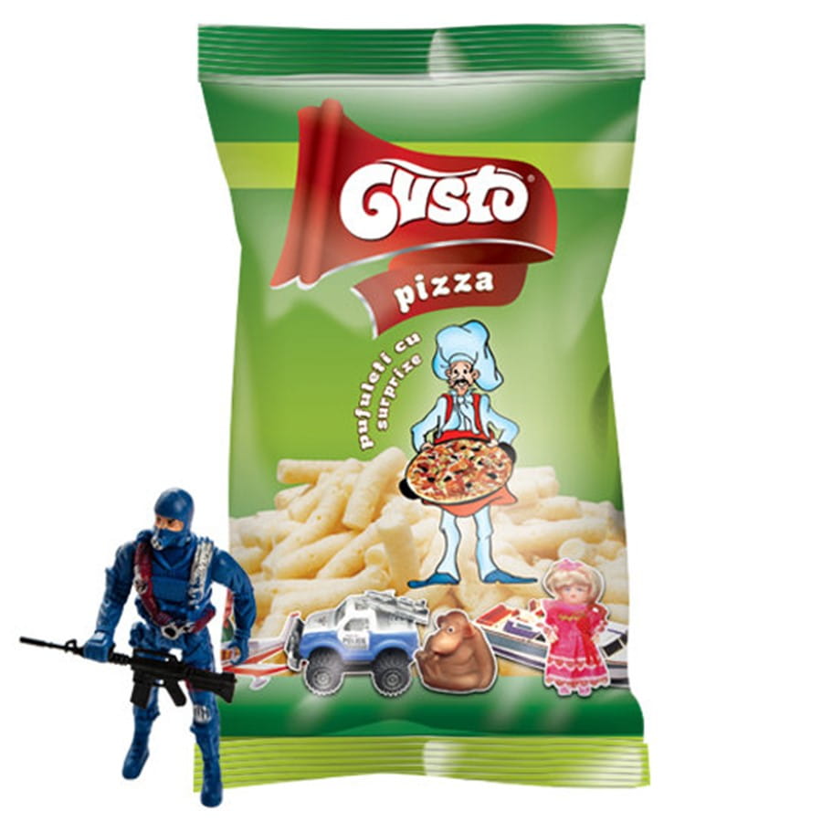Maischips med pizzasmak og en overraskelse 30 g GUSTO PUFULETI