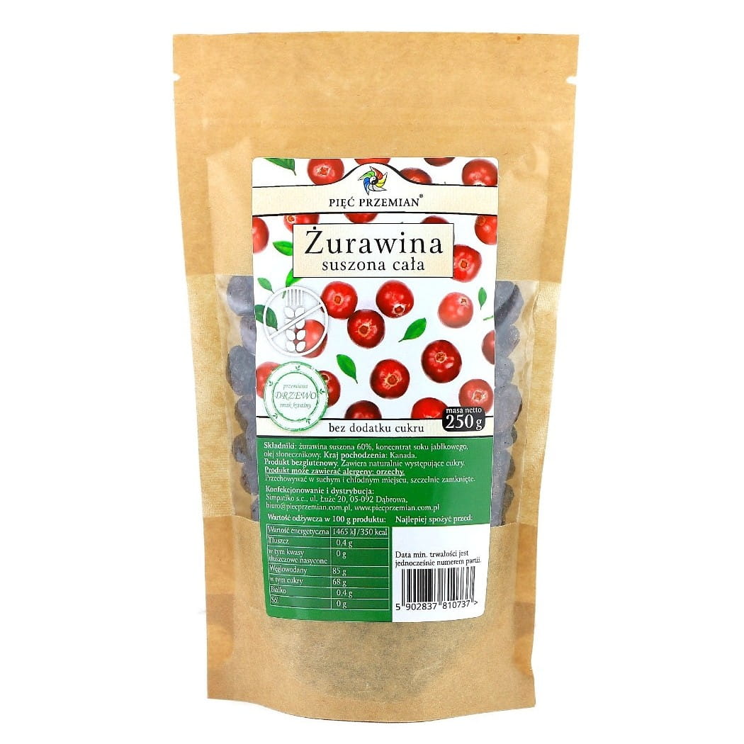 Hele gedroogde cranberry's gezoet met appelsap, suikervrij, glutenvrij 250g FIVE CHANGES