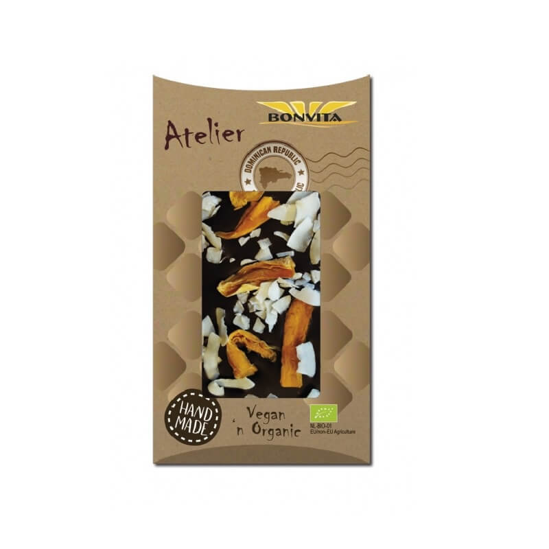 Coklat pahit dengan serpihan mangga kering dan kelapa bebas gluten BIO 90 g - BONVITA