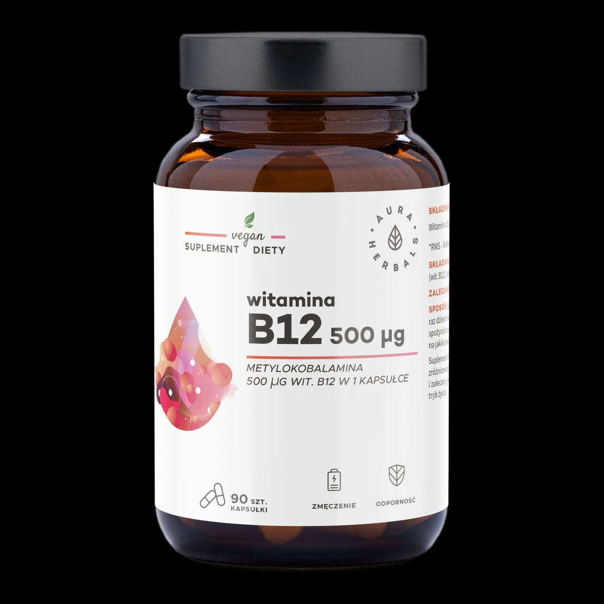 วิตามินบี12 500 ไมโครกรัม เมทิลโคบาลามีน 90 แคปซูล Aura Herbals

