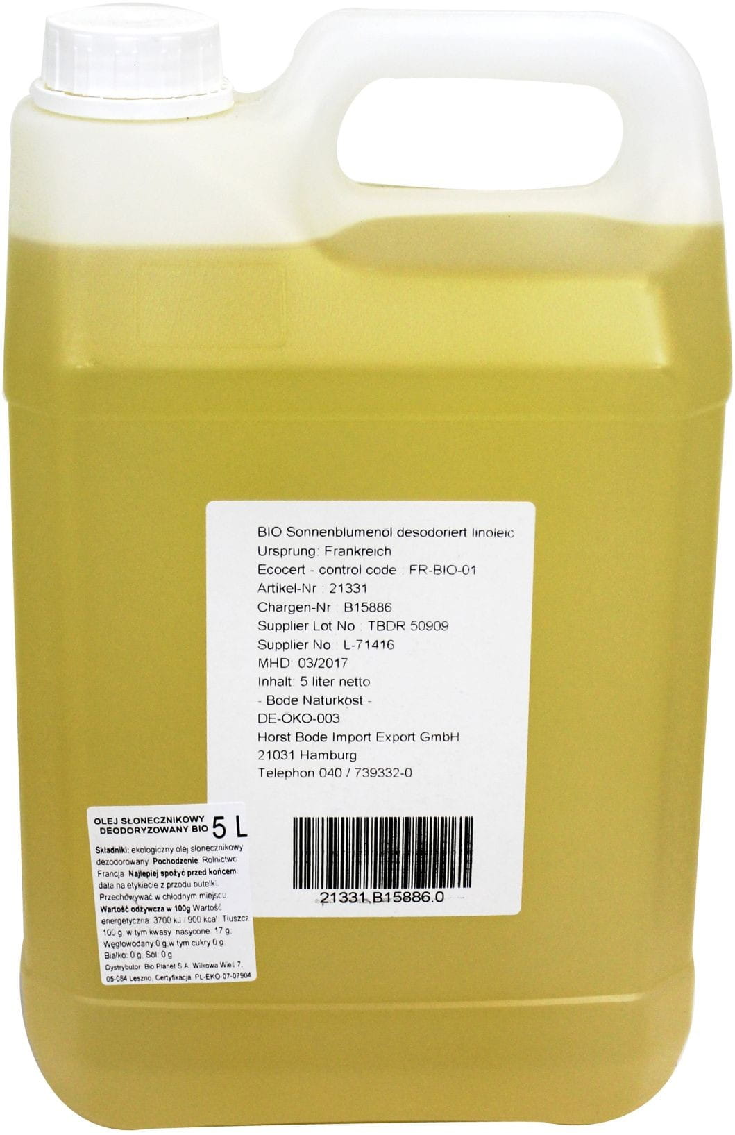 Olio di girasole, inodore BIO 5000 ml - HORECA